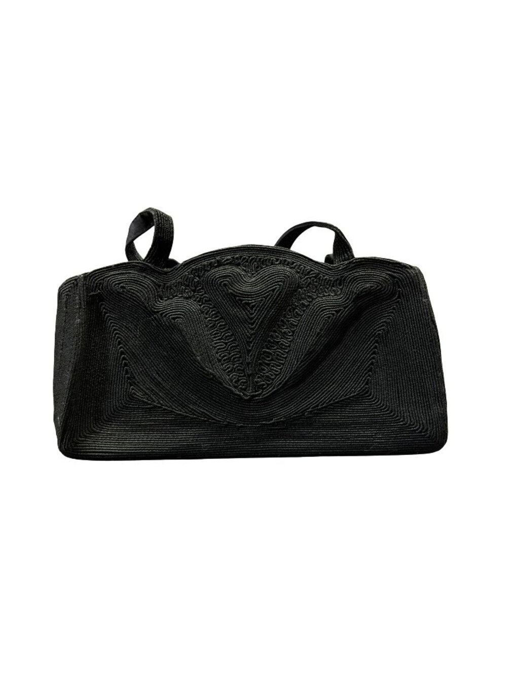 Vintage Corde Black Top Handle Bag Heart Shape Textured Used